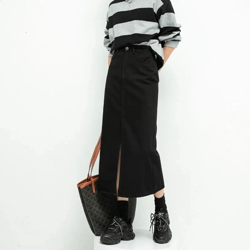 Split Denim Skirt for Women High Waisted Loose A-Line Skirt Korean Elegant Black Skirts 2024 Spring Fashion Mid Length Skirts 240812