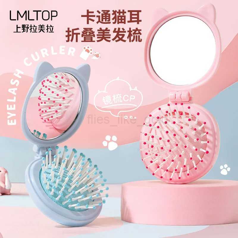 1 cartoon cat cute round folding makeup mirror comb set 2-in-1 mini portable handheld touch high-definition makeup mirror W240813