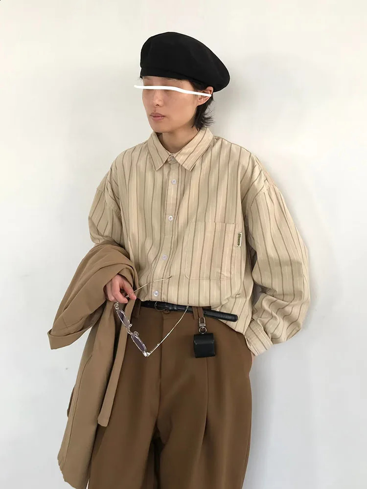 Japanese retro mens shirt Harajuku womens striped loose cardigan wool sweater Spring and Autumn thin cargo long sleeved casual unisex top 240812
