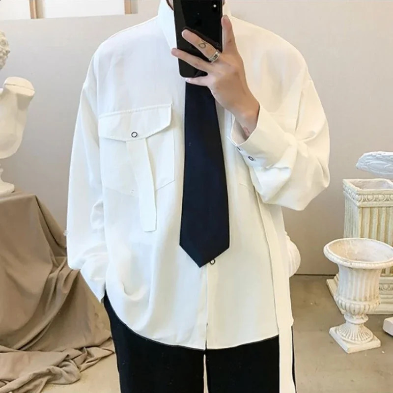 Gmiixder product long sleeved mens tie Kpop shirt Korean streetwear Versatile motorcycle pocket striped jacket 240812