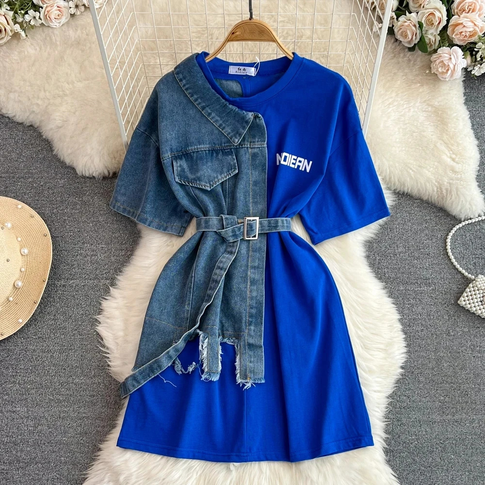 Women Elegant Patchwork Denim Shirts Summer Vintage Casual Slim Blouses Tops with Belted Female Fashion Pullover Clothes 240812