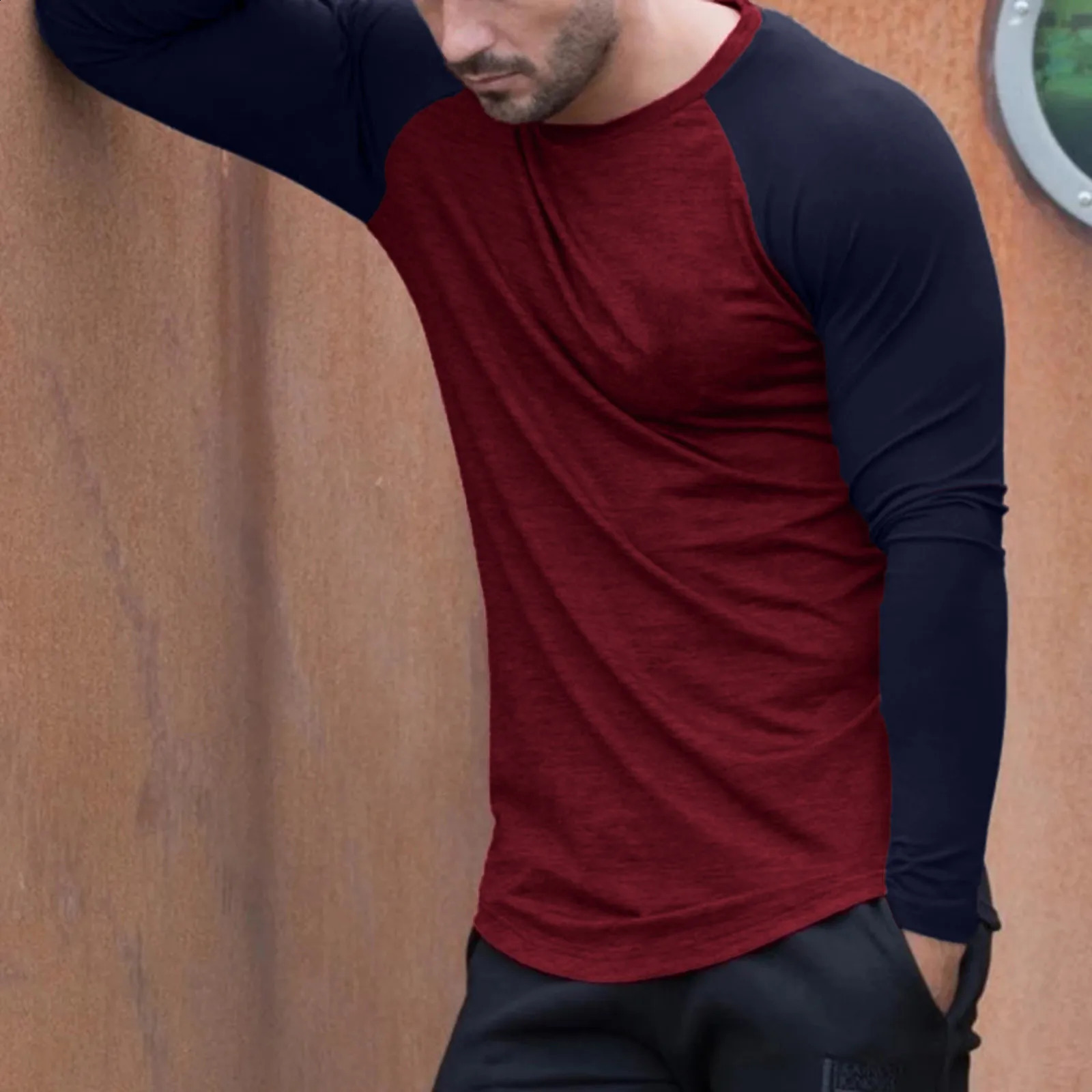 Mens Autumn Patchwork Long Sleeve T-shirt Slim Casual Fashion O Neck Pullover Top Daily Sports Oversized T Shirt Men Camisetas 240812