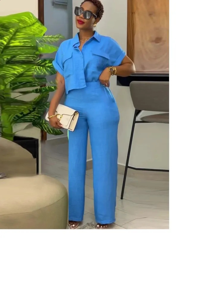 Casual Womens Solid Two Piece Sets Spring Summer Turn-down Neck Short Sleeve Loose Top Wide Leg Pants Set Streetwear Outfits 240813
