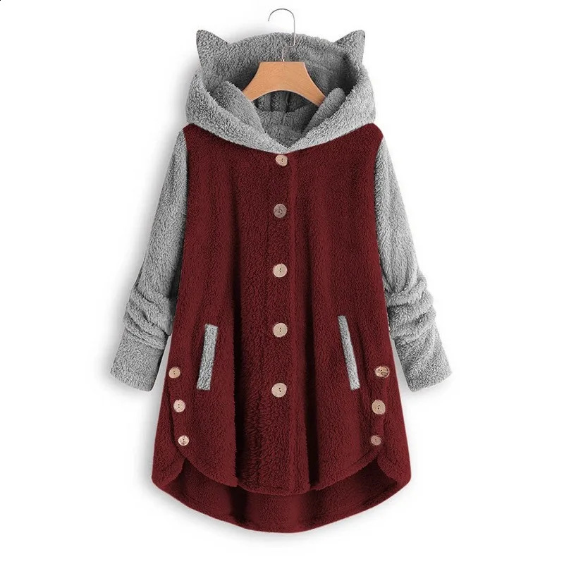 Cat Print Long Hoodies Sweatshirt Women Fleece Warm Button Pocket Pullovers Cat Ear Plus Size Hoodie Top Blouse Sweat Femme 240813