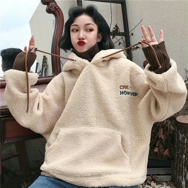 Winter cec with plush and thickened lamb pullover loose hooded fake two piece wool high neck sweatshirt jacket women s fashion 077a0