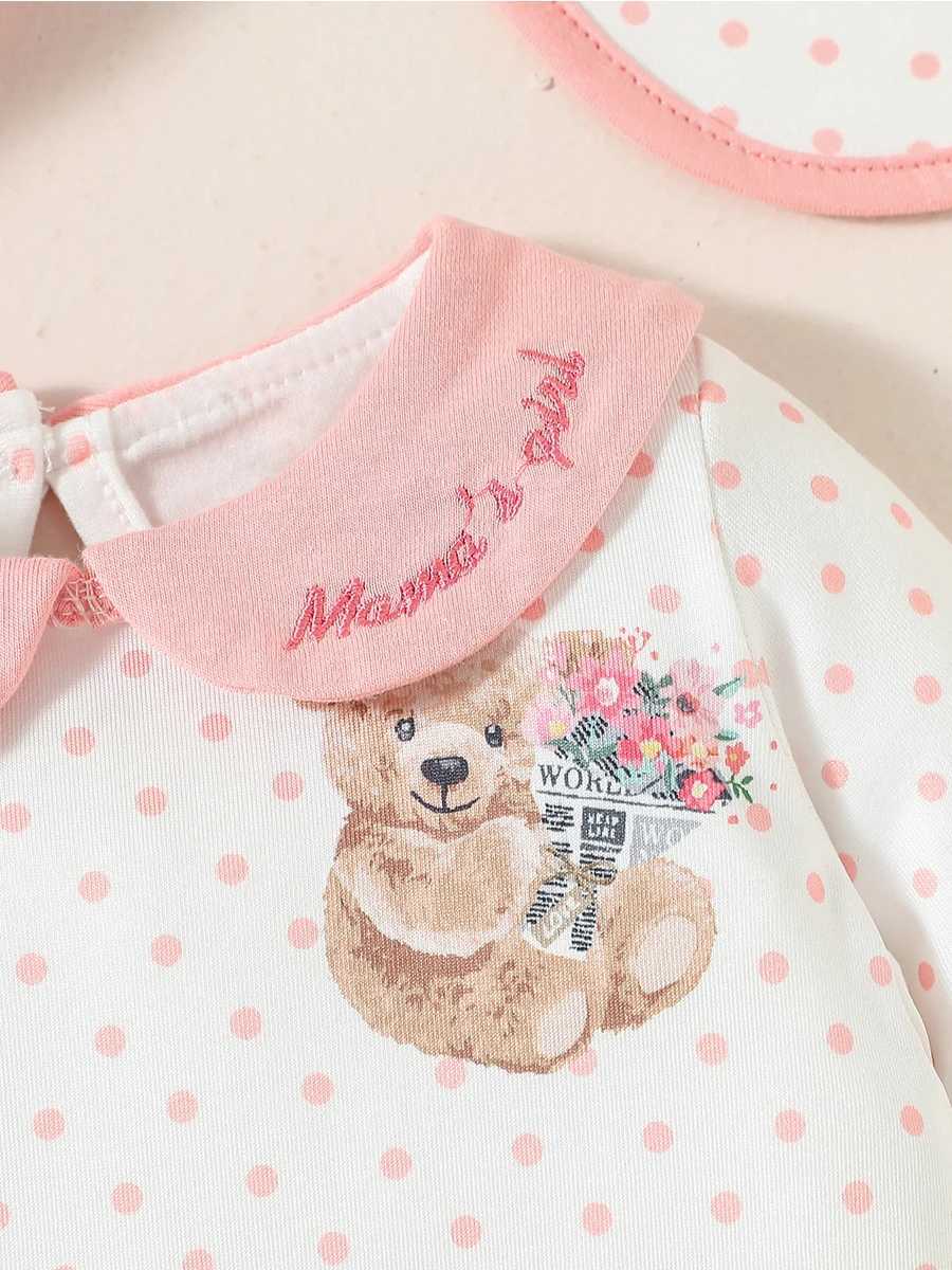 3 pieces of baby girl lapel long sleeved Autumn polka dot jumpsuit casual+hat+bib W240812