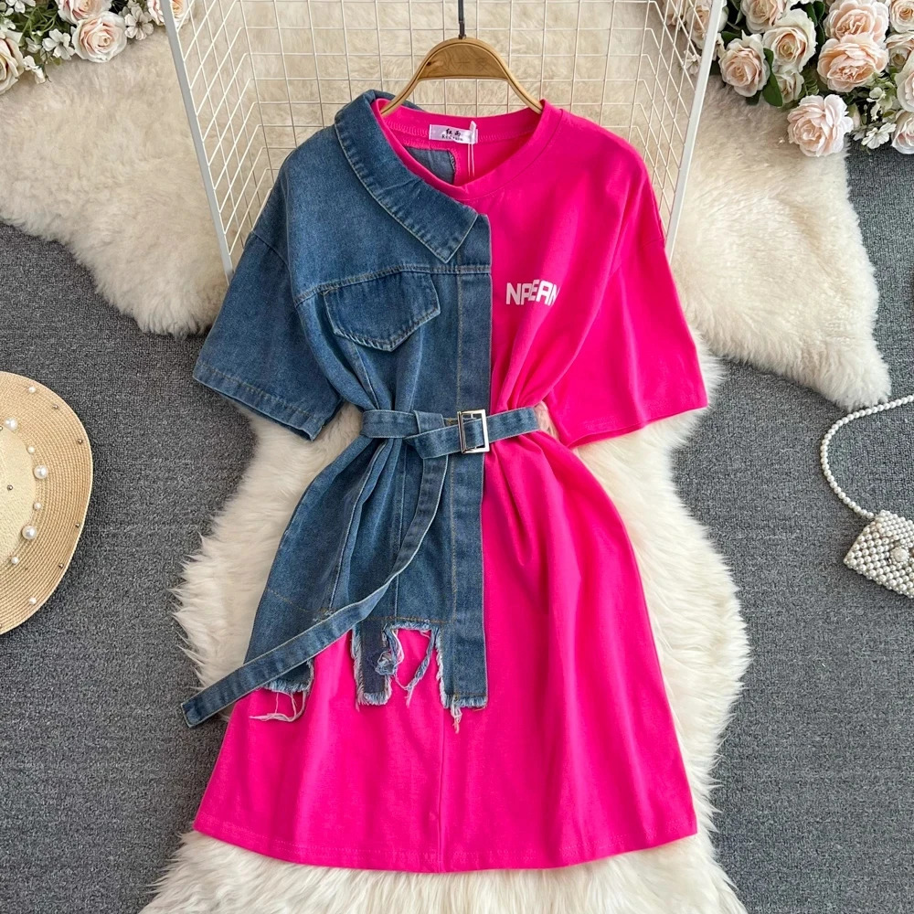 Women Elegant Patchwork Denim Shirts Summer Vintage Casual Slim Blouses Tops with Belted Female Fashion Pullover Clothes 240812