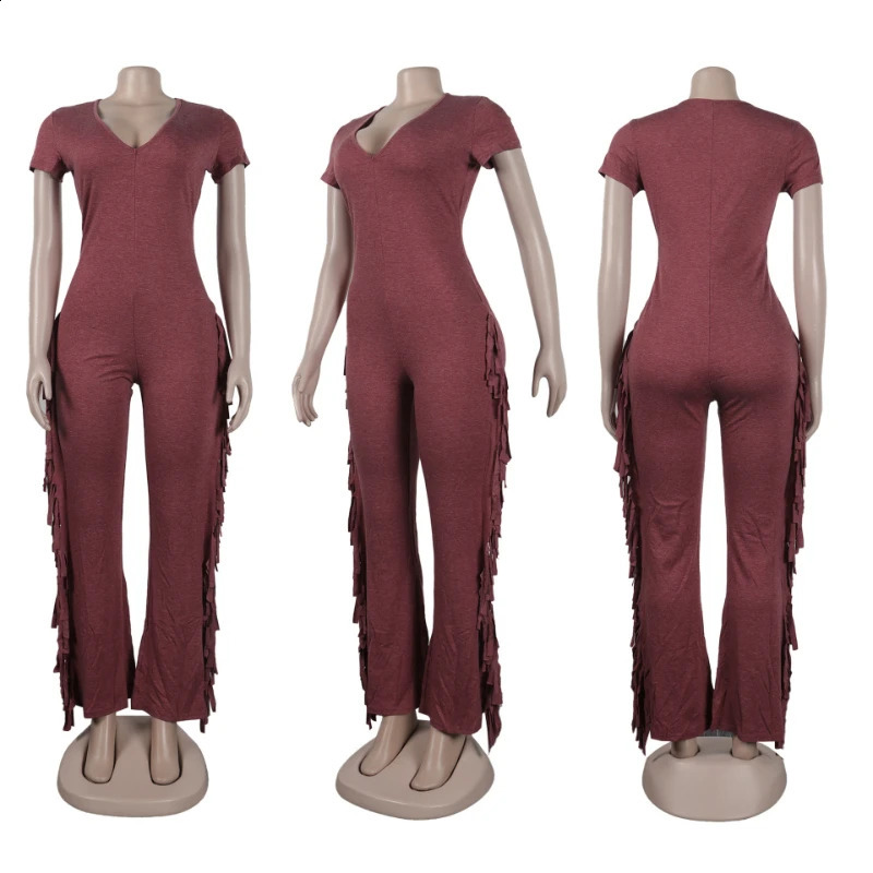 Casual Side Fringe Tassel One Piece Jumpsuit for Women Clothing V-neck Short Sleeve Skinny Flare Pants Rompers and Jumpsuits 240813