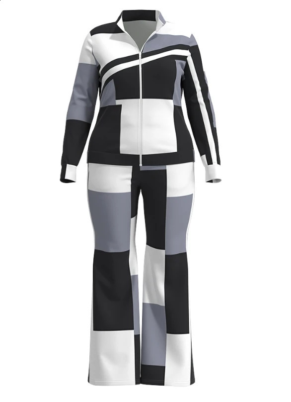 Two Piece Set Women Outfit Autumn Fashion Geometric Print Stand Collar Long Sleeve Zip Up Top Casual Sporty Pants Set 240813