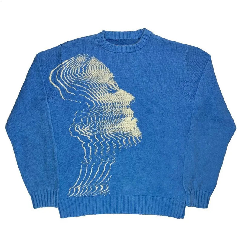 Blue Sweater Mens Y2K Knitted Sweater Harajuku Anime Pattern Retro Knitted Sweater Unisex Cotton Pullover Winter Sweater EMO 240812