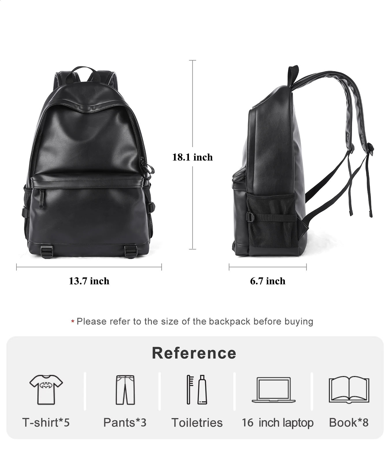 Black leather mens business travel backpack waterproof Daypack PU 16 inch laptop 240813