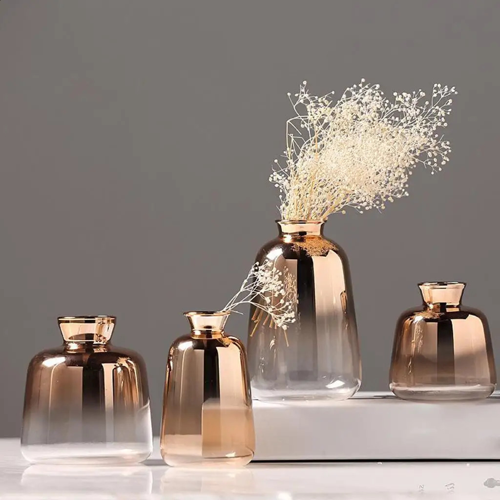 Decorative Glass Flower Gold Bottle Transparent Pot Planter Tabletop Vase for Home Garden Wedding Office Decoration 240812