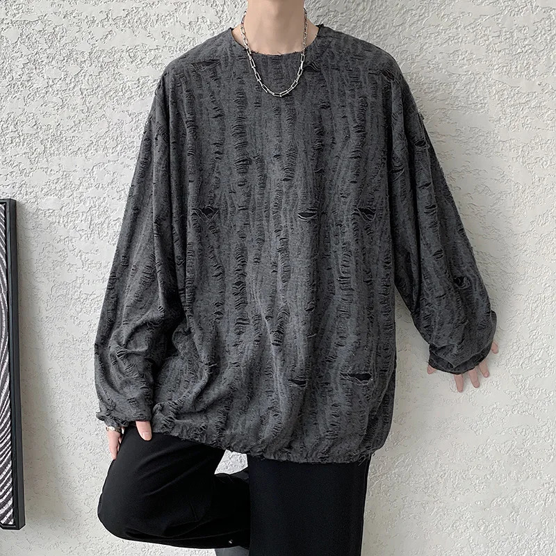 Korean Fashion Men O Neck Long Sleeve T Shirt High Street Black White Gray Hem Ripped Hole Fall Inside Tops Hip Hop Punk Clothes 240812