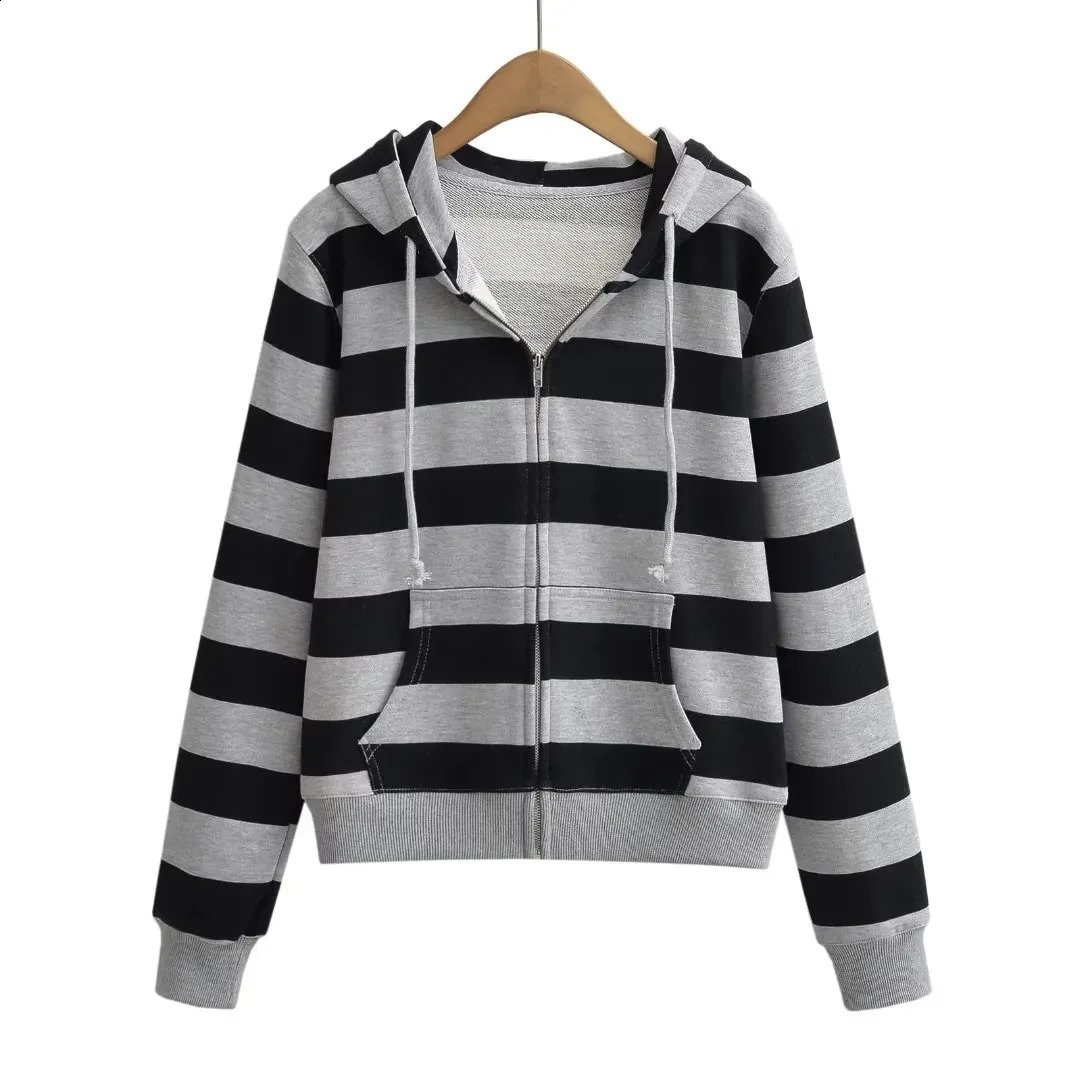 Women Long Sleeve Open Zipper Loose Hoodies Casual Sweats Black Navy Autumn Winter Harajuku Contrast Striped Hooded Sweatshirt 240812