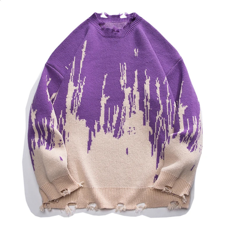 Autumn Oversize Ripped Sweater Men Jacquard Pattern Jumper Fashion Korean Street Knitted Pullovers Tops Clothing Male Plus Size 240812