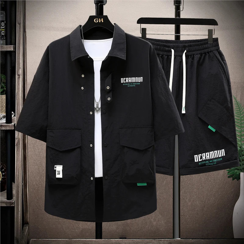 Summer set mens casual single chest short sleeved shirt 2piece loose and fashionable highquality sportswear 240812
