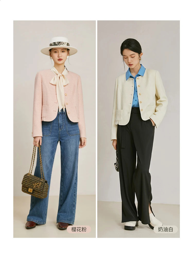 ZIQIAO Women Spring Tweed Jackets Round Neck Single Breasted Short Coats White Office Lady Straight Women Jacket 240812