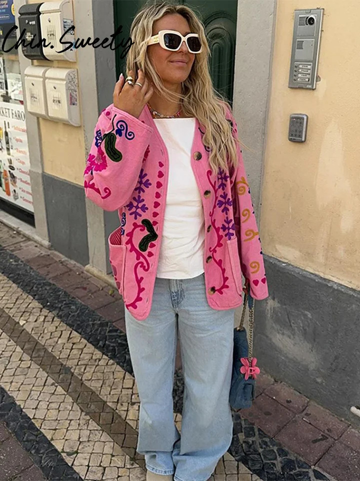 Fashion printed jacket womens casual single chest Vneck long sleeved pocket autumn elegant 240808