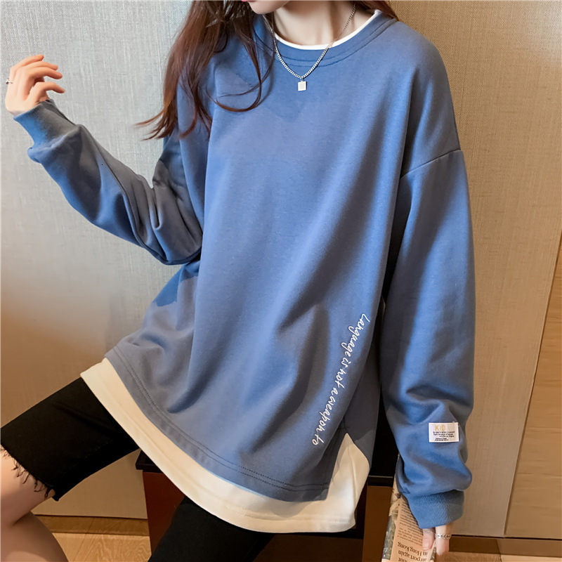 new side slit long sleeved T shirt women round neck pullover fake two piece autumn winter hoodie for women c414c