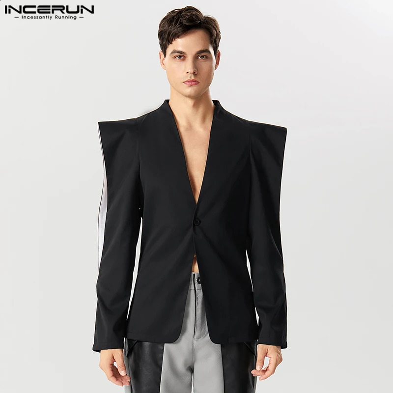 Mens Solid Collar Long Sleeve Single Button Irregular Set Street Clothing Hollow Fashion Thin Coat S5XL INCERUN 240812