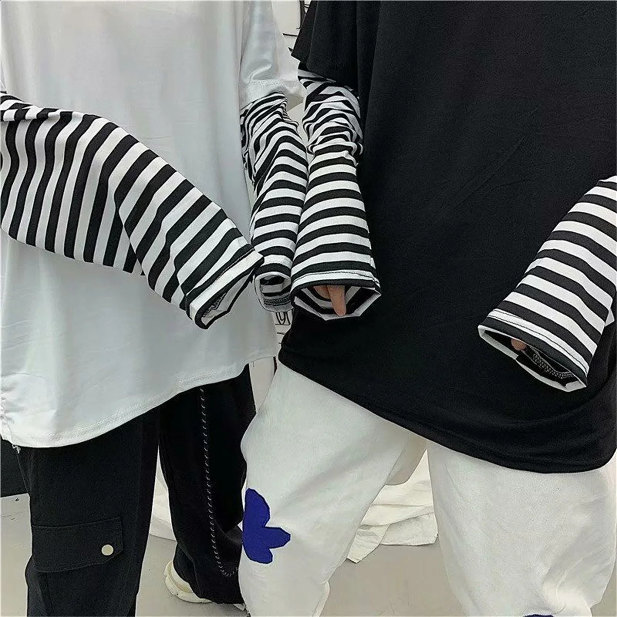 Couple Striped Patchwork T-Shirt Men Women Autumn Tops Boys Solid Long Sleeve T Shirt Fashion Japanese Gothic Japan T Shirt 240812