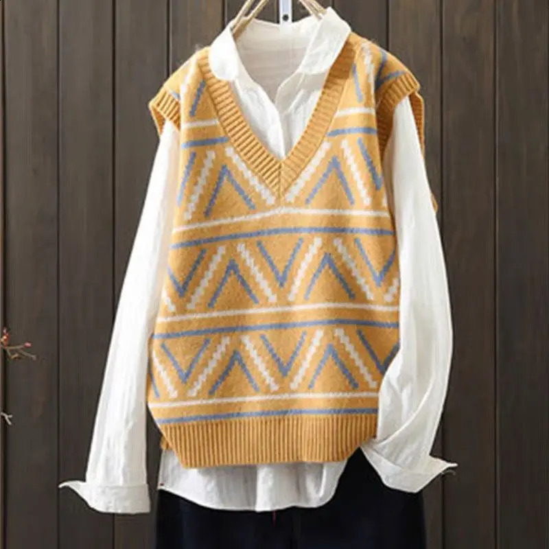 Y2K Sweater Vest Women Preppy Style Knitted V-Neck Pullover Female Autumn Winter Sleeveless Tanks Top U1346 240812