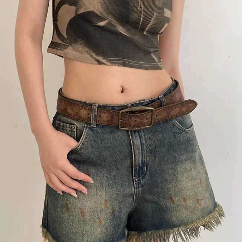 Pattern printing retro Y2K womens luxury designer brand buckle pin belt womens Pu leather hip-hop fashion belt W240807