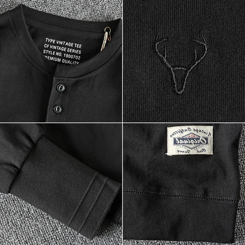 Autumn American Retro Long Sleeve Henry Collar Embroidery T-shirt Mens Fashion Pure Cotton Washed Slim Youth Casual Tops 240812