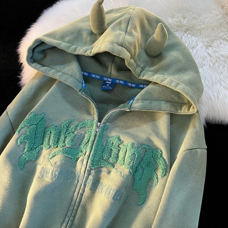 Embroidery Sweatshirts Autumn Y2K Long Sleeve Hooded Jackets Tops Harajuku Angel Ears Hoodies Women Retro Oversize Zipper Letter 240812