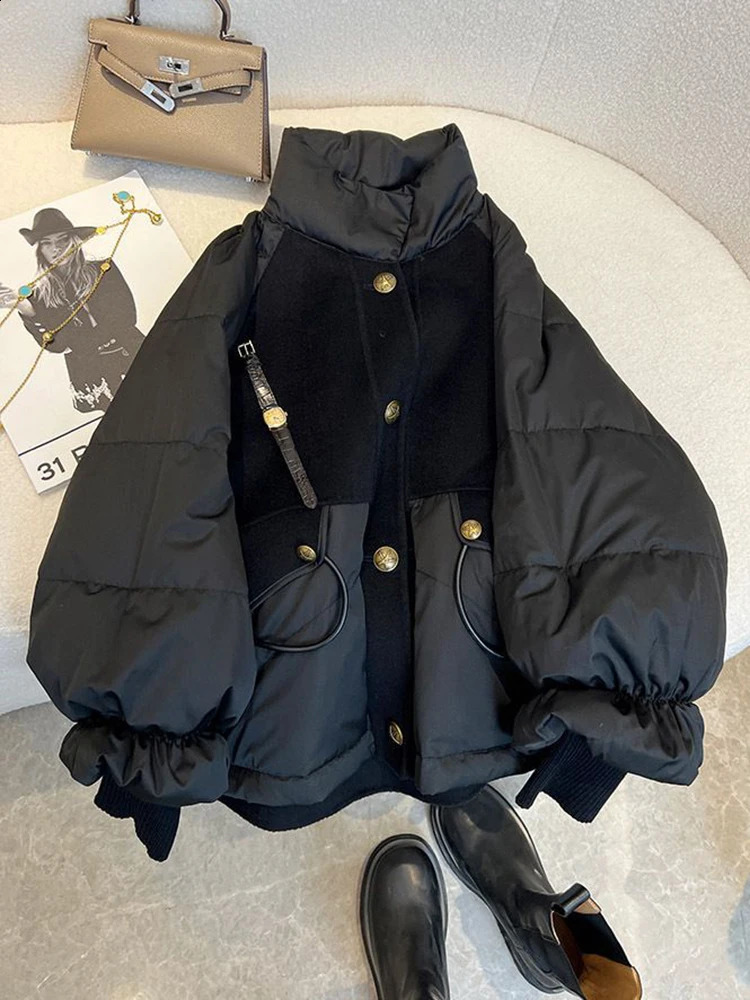Black Padded Jacket Women Casual Loose Cotton Coat Winter Oversize Thick Warm Parkas Lady Fashion Super Stand Collar 240812