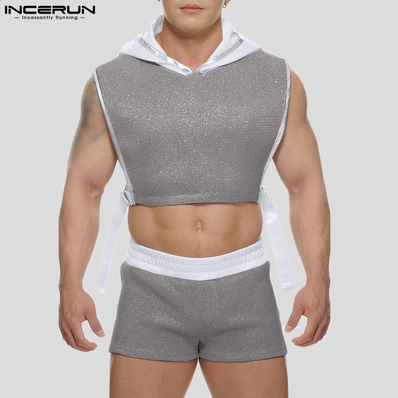 INCERUN 2024 Men Sets Patchwork Streetwear Shiny Hooded Sleeveless Crop Tops Shorts Two Pieces Sets Mens Casual Suits S-5XL 240813