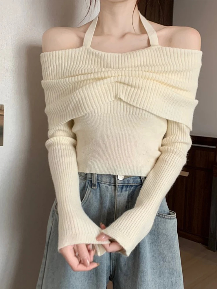 Womens Grey Vintage Pullover Knit Sweater Y2k Aesthetic Harajuku Elegant Long Sleeves Slash Neck Sweaters Fashion 2000s Clothes 240812