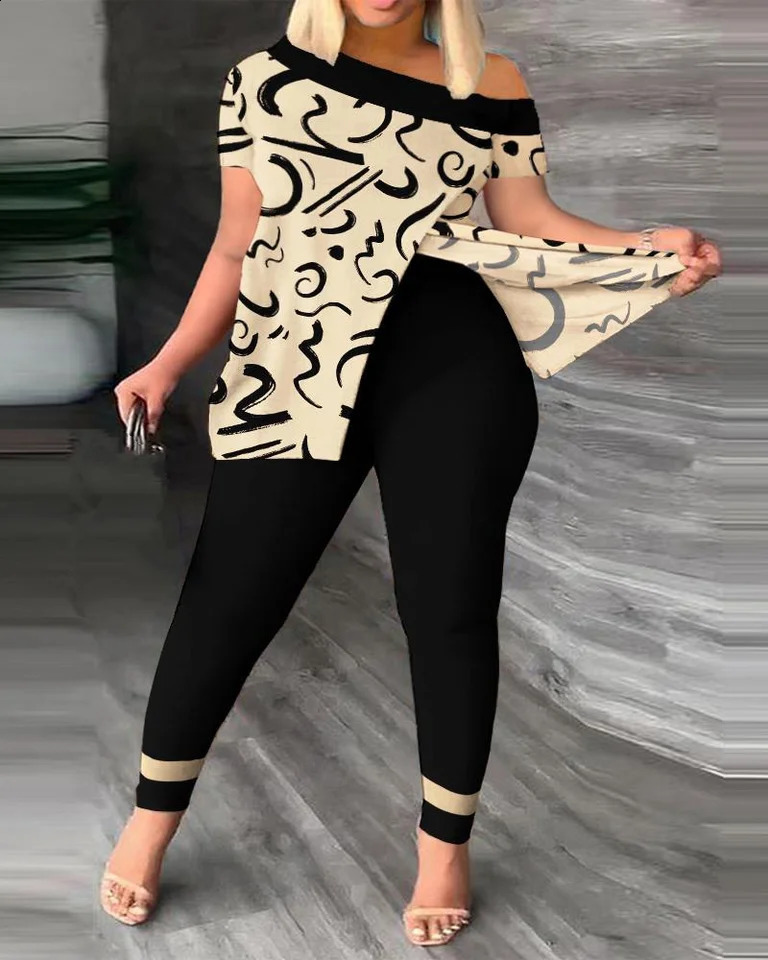 Two Piece Sets Women Outifits Spring Fashion Geometric Print Slant Neck Short Sleeve Hem Slit Top Casual Skinny Pants Set 240813