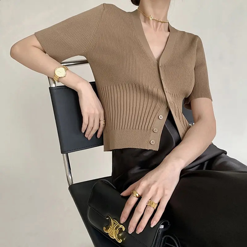 Deeptown Vneck womens knitted cardigan wool sweater short sleeved Basis spring Korean fashion elegant old style office ladies 240812