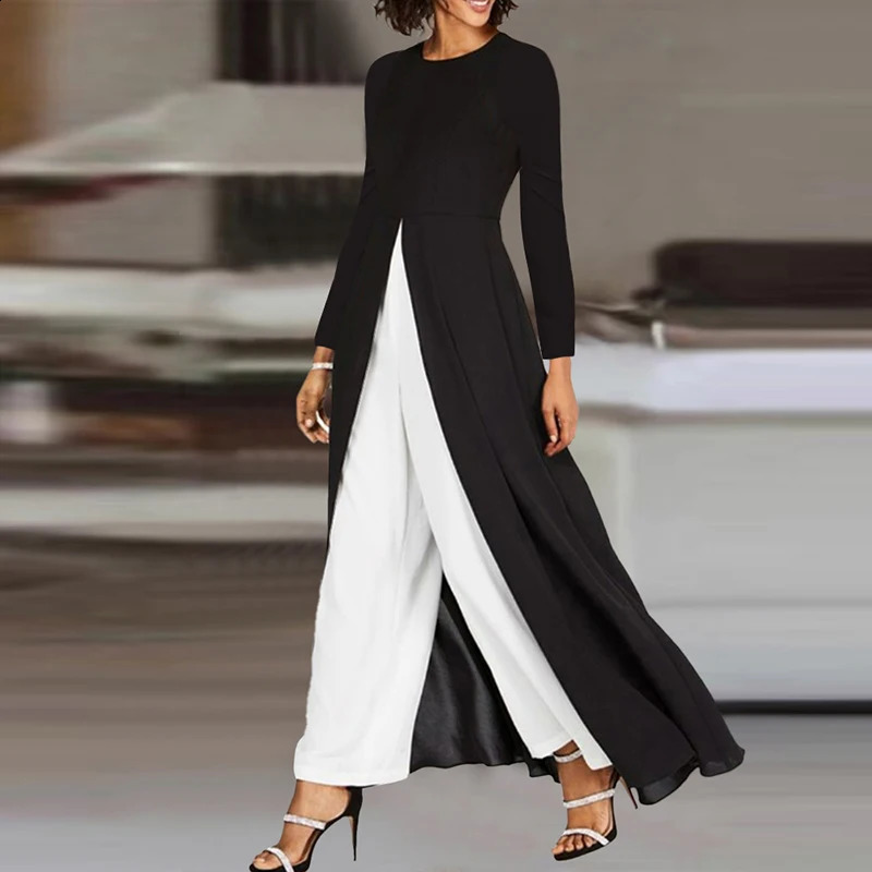 Casual Floral Loose H-Line Two-Piece Set Sexy High Slit Round Neck T-Shirt Solid Color Pants Outfits Spring Crew Neck Women Suit 240813