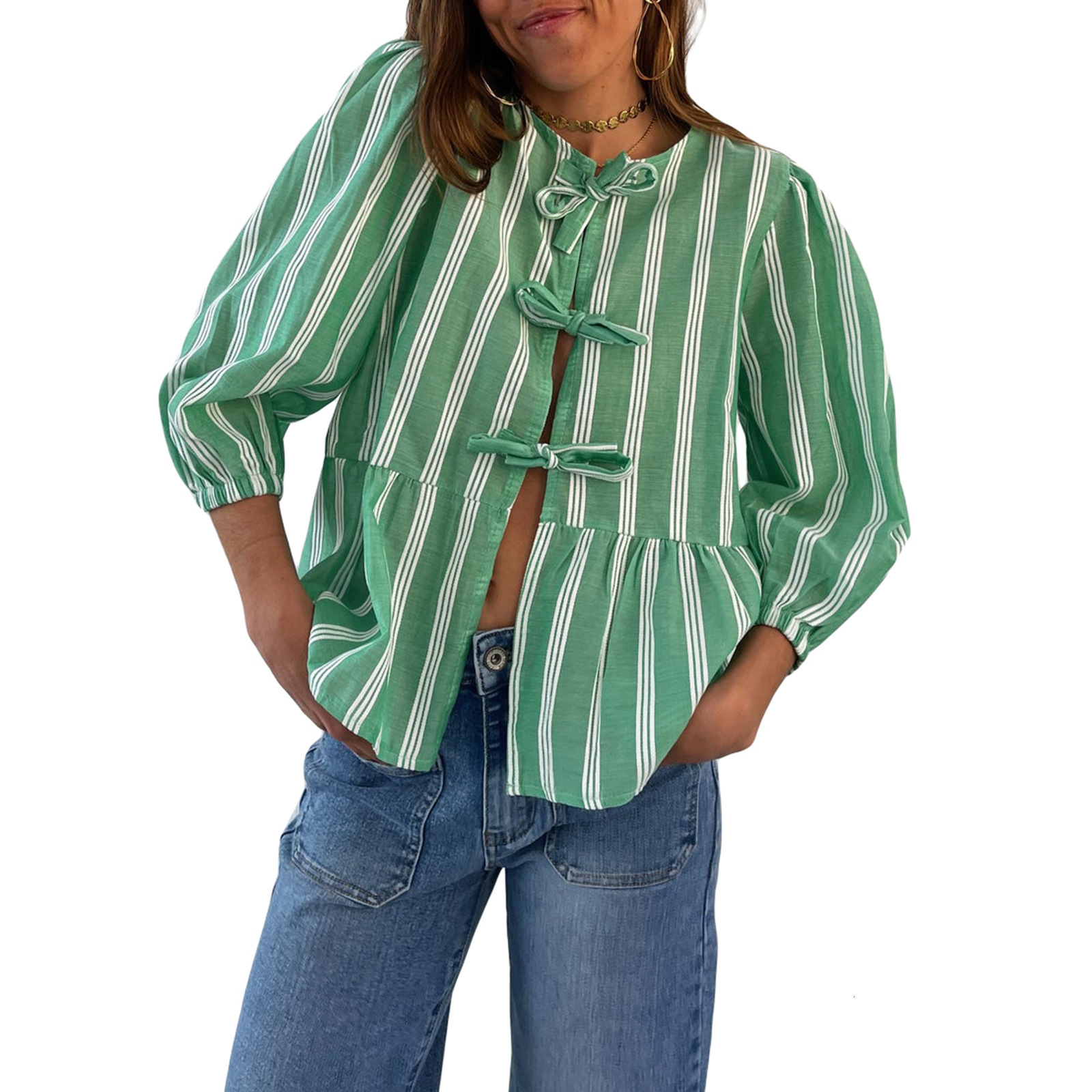Women s Cute Tie Front Blouse 3 4 Sleeve Striped Peplum Tops