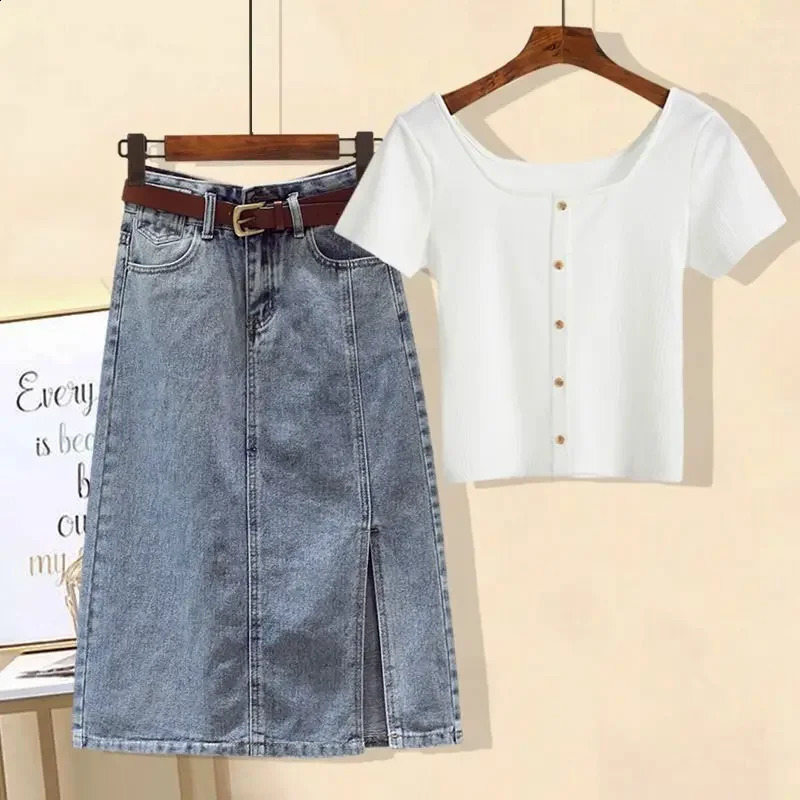 Summer Style Womens Denim Skirt Set Slimming Short Sleeves Top Belly Covering 2-piece Clothing For Women 240812