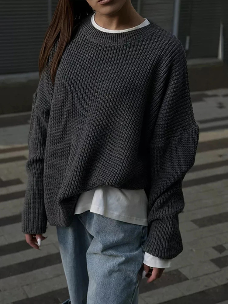 Knitted striped sweater womens loose zipper Oneck full sleeve autumn and winter casual solid competition jumper 240812
