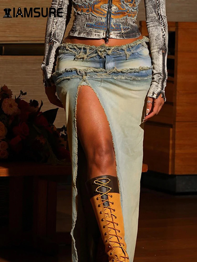 IAMSURE Vintage Casual Slim Split Denim Skirt Sexy Low-Waisted Maxi Skirts Women Autumn Spring Streetwear Holiday Ladies 240812