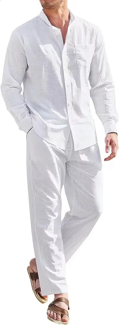 Mens casual linen twopiece set European style retro basic top and solid pants 240812