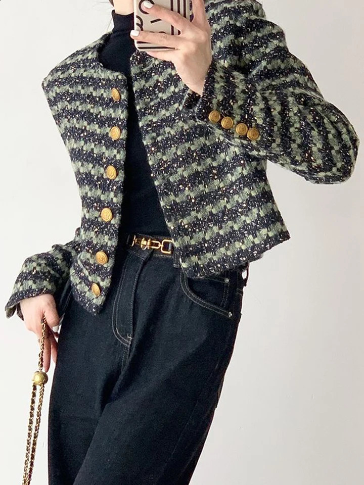 Zoki Retro Green Striped Tweed Jackets Women Elegant Slim Long Sleeve Short Coats High Quality Casual Korean Vintage O Neck Tops 240812