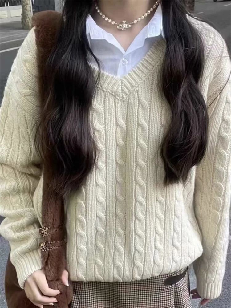 Causal Women Solid Color V-Neck Knit Sweaters Autumn Chic Elegant Long Sleeves Sweaters Vintage Female Loose Knitwear 240813