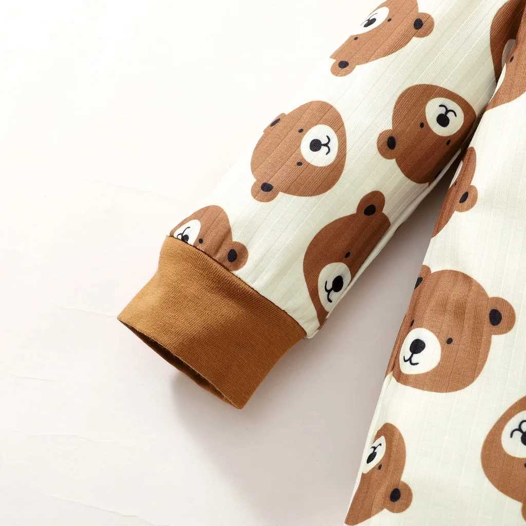 Baby mens long sleeved cute bear print tight fitting clothes for spring and autumn baby mens casual jumpsuit 0-18 months W240812