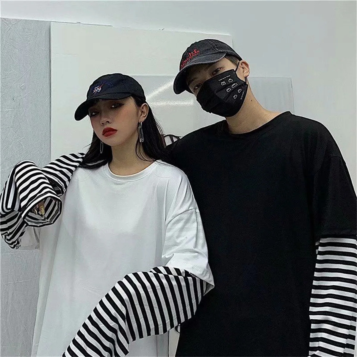 Couple Striped Patchwork T-Shirt Men Women Autumn Tops Boys Solid Long Sleeve T Shirt Fashion Japanese Gothic Japan T Shirt 240812