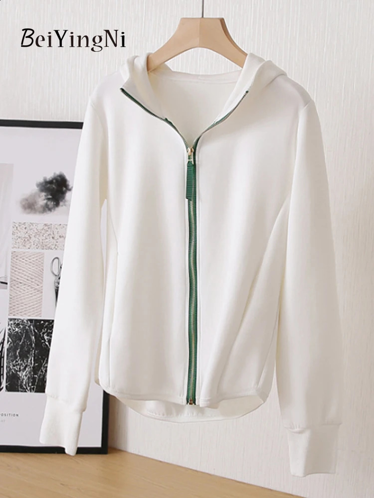Beiyingni Women Hoodies Spring Autumn Korean Loose Sweatshirts Female Casual Hooded Hoody Preppy Lazy Zipper White Coats 240812
