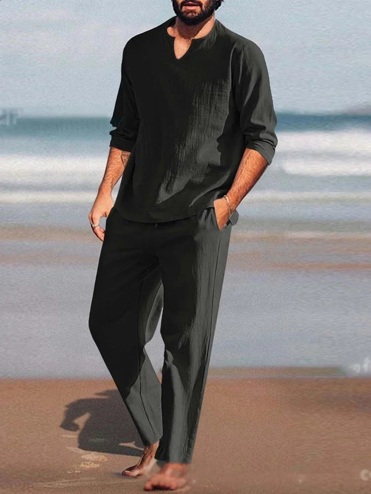 Mens suit springsummer loose cotton linen twopiece set mens solid color long sleeved zipper top pants 240812