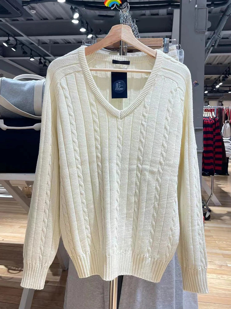 Vintage Beige Knitted V Neck Sweater Women Sweet Preppy Style Twisted Flower Cotton Loose Jumper Harajuku Solid Autumn Sweaters 240812