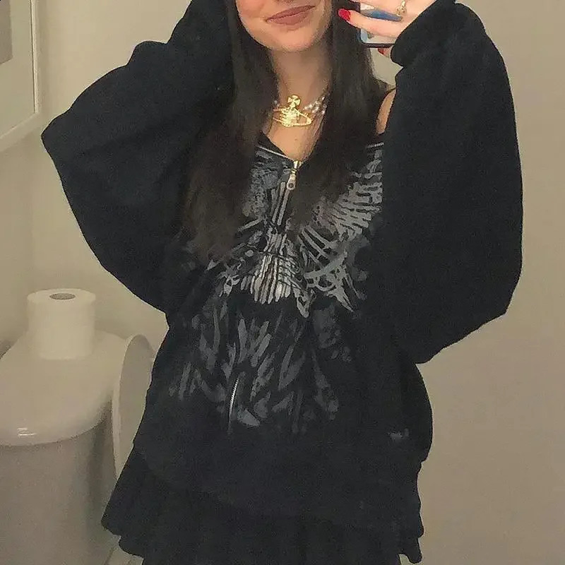 Combhasaki Y2K Gothic Style Women Casual Long Sleeve Loose Cardigan Harajuku Vintage Butterfly Printing Zipper Hooded Sweatshirt 240812