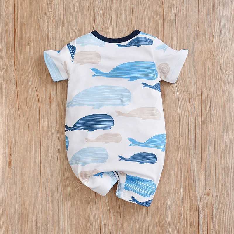 Summer Newborn short sleep jumpsuit 0-36M cute whale round neck simple style comfortable and breathable suitable for boys and girls W240812