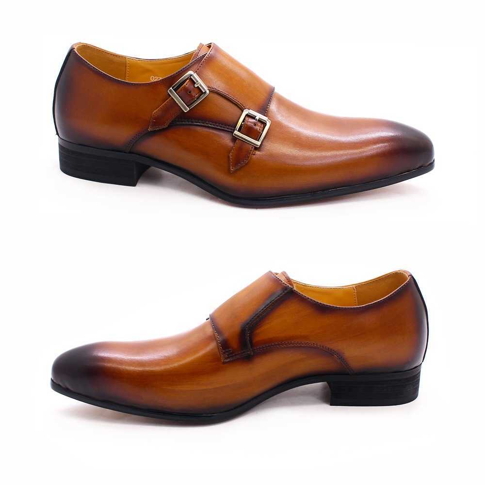 CMM Mens Leather Shoes Leather Buckle Monks Shoes Business Dress Shoes Brown Black Pointed Handmade Leather Shoes Men